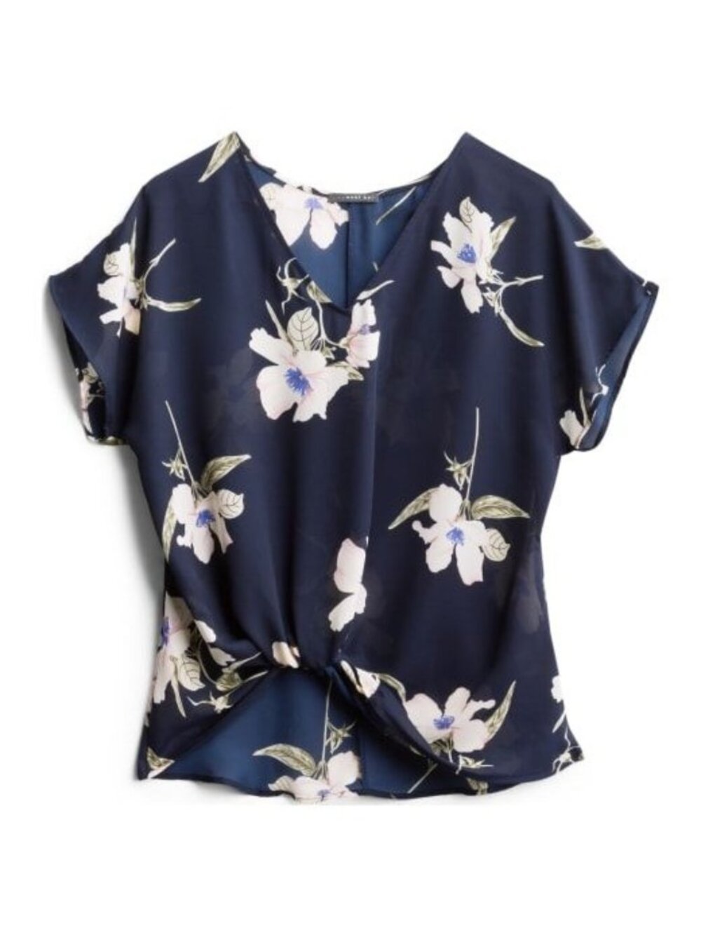 Beacon Apparel Women's XXL Navy Floral Blouse Sheer Short Sleeve Twist Hem